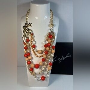 Vintage “2011” Kenneth Jay Lane Gold Necklace Coral and Pearl Beaded Avon New